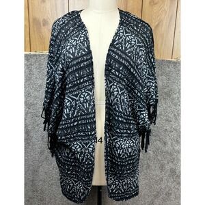 Free People Kimono Cardigan~Duster Cover Up ~‎ Black Fringed Boho~XS/S Oversized